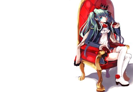 Hatsune Miku - World is Mine - aqua, hot, thighhighs, music, anime girl, crown, world is mine, white, art, loyal, cool, aqua eyes, artistic, hatsune miku, sexy, skirt, leggings, song, royalty, vocaloids, program, chair, vocaloid, beautiful, uniform, diva, beauty, nice, hat, twintail, singer, aqua hair, black, virtual, pretty, top hat, idol, anime, miku, cute, girl, throne, boots, cg, hatsune, red, awesome, digital, gray, outfit