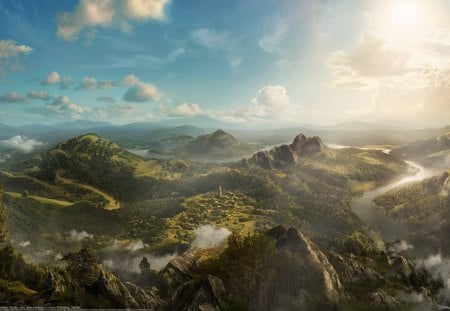 Feralden - clouds, fantasy, blue, mountain, sky, feralden