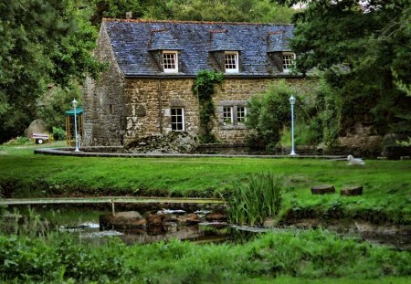 House is just a Home - house, trees, water, grass