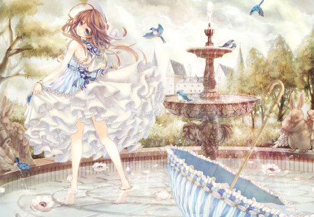 Anime - ruffles, water, anime, brunette, umbrella, dress, ribbon, long hair, plants, bow, birds