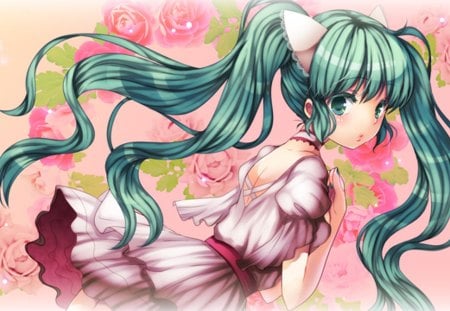 Hatsune Miku - aqua, hot, thighhighs, music, anime girl, white, art, cool, pink dress, aqua eyes, artistic, hatsune miku, sexy, song, vocaloids, program, vocaloid, beautiful, pink, diva, dress, nice, beauty, twintail, singer, aqua hair, black, virtual, pretty, idol, green, anime, miku, cute, girl, cg, hatsune, blue, flowers, digital, awesome