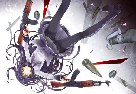 mahou shoujo madoka magica - mahou shoujo madoka magica, akemi homura, long hair, weapon, black hair, dress