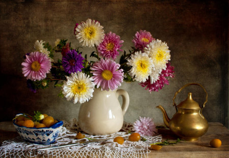 Still Life - beautiful, vase, tea, photography, nature, colorful, teapot, knife, pretty, beauty, flowers, fruits, still life, romance, petals, lovely, colors, romantic