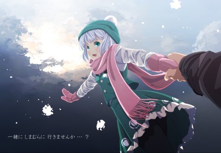 Come with me - girl, snow, blue eyes, grey hair, anime, cute