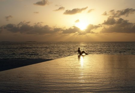 Pool with a View - clouds, infinity, sunset, lady, woman, pool, ocean