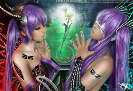 Eyeshadow Blindfold Vocaloids - close eyes, vocaloid, blindflod, robot, flowers, cyber, eyeshadow blindfold vocaloids, nana hang, purple hair, tattoo, hot, cool, nail polish, cg, fantasy, lips, 3d, sexy, android