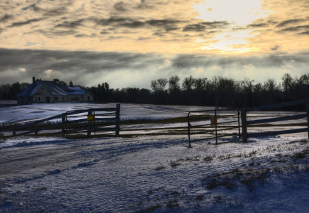 Morning sky - clouds, house, fog, morning, fence, nature, hdr, background, country, sun, sky