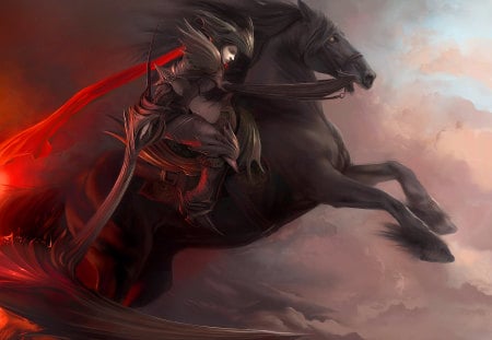 horsemen - clouds, warrior, flying, horse, black, fantasy, red, horsemen, sky, demon