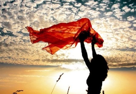 Happy - clouds, silhouette, scarf, red silk, woman, cloud, field, weed, sky