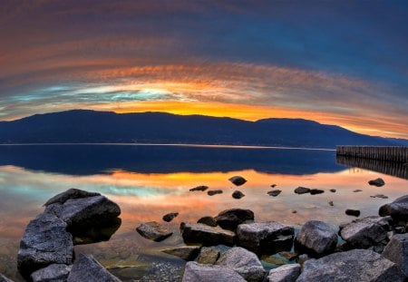 lakeveiw sunset - beauty, lake, photography, sun, water, sunset, rocks, nature, evening, clouds, dusk