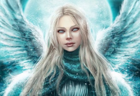 snow angel - blue, blonde, beautiful eyes, feather, angel, long hair, scarf, wings, cute, feathers, blue wings, blue eyes