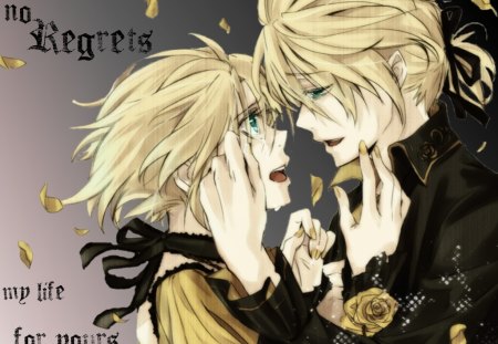 i will die for you - tears, vocaloid, kagamine len, sin, short hair, rin, sad, sad face, yellow rose, rose, jagamine rin, words, len