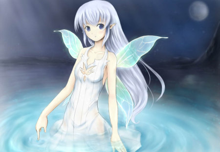 lovely Fairy - moon, light, wings, pond, cute, dress