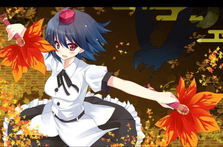 Innocent Wind - tengu, autumn, hat, wings, music, project, black, wind, shameimaru, touhou, game, japan, aya, anime, skirt, raven, aki, leaves