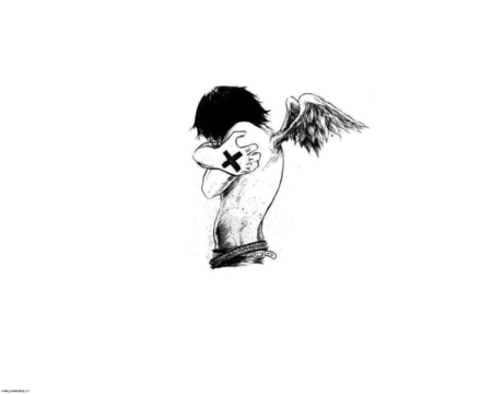 Emo Angel - white background, tattoo, angel, sad