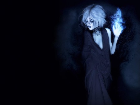 Blue Flame - female, blue, woman, eyeless, flowing, girl, flame