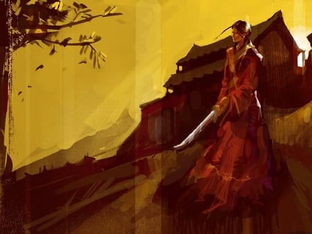 Samurai Girl - abstract, painting, katana, girl, samurai girl, samurai