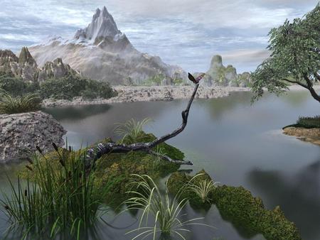 3D nature - sky, lake, fantasy, tree, mountain, grass