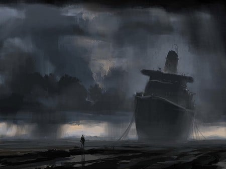 ship - painting, ship, art, dark, sky