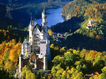 Fairy Tale Castle - river, germany, trees, tale, neuschwanstein, fairy, mountain, castle