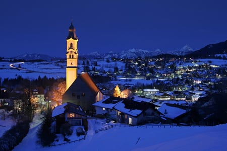 German Village at Night - tower, snow, german, night, church, village, germany, spire, mountains