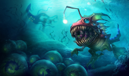 KogMaw Deep Sea - league, strange, water, kog, monster, bug, egg, blue, light, kogmaw, maw, lol, legends, fish, beast, swim