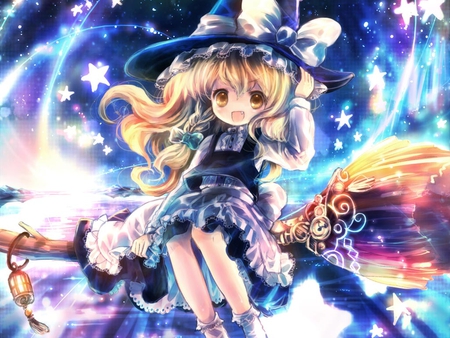 Marisa Kirisame - hat, marisa kirisame, anime, wavy, broom, girl, long hair, stars, space, witch, ribbon, bow