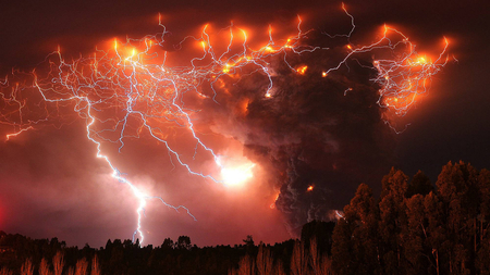 Supercharged - storm, billowing, eruption, volcano, slectric, red, smoke, lightning, sky