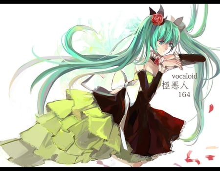 Hatsune Miku - aqua, hot, music, anime girl, white, art, cool, petals, aqua eyes, artistic, hatsune miku, sexy, song, vocaloids, program, vocaloid, pink, diva, dress, nice, beauty, twintail, singer, aqua hair, rose, black, virtual, pretty, idol, green, anime, miku, cute, girl, cg, hatsune, blue, flowers, digital, awesome, beauitful