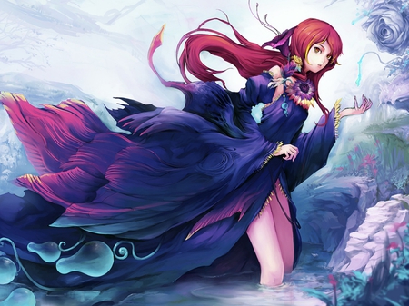 princess - day, beautiful, anime, anime girl, garden, fantasy, flower, dress