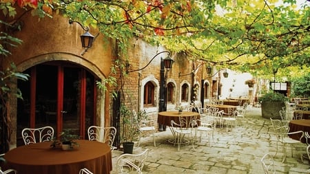 Italian Cafe - dinner, romantic, cafe, chairs, italy, building, leaves