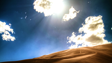 Ray of Hope - sands, hill, sunray, clouds, blue sky, golden