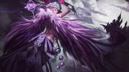 Purple Wings - purple, girl, warrior, castle, wings, rose, fantsy