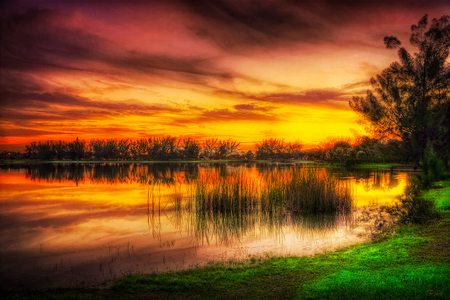 Sunset-HDR - beauty, nice, sky, beach, trees, photography, water, sunset, view, pretty, reflection, cool, river, clouds, orange, green, hdr, grass, lovely, nature, beautiful, colors