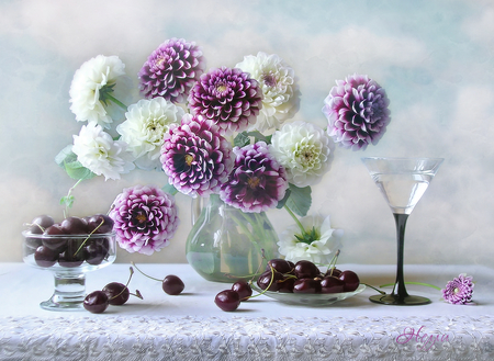 still life - pretty, elegantly, cherry, photo, flowers, purple, fruit, nice, dahlia, gently, delicate, beautiful, photography, beauty, kettle, lovely, cool, still life, flower, bouquet, drink, harmony, white, cup