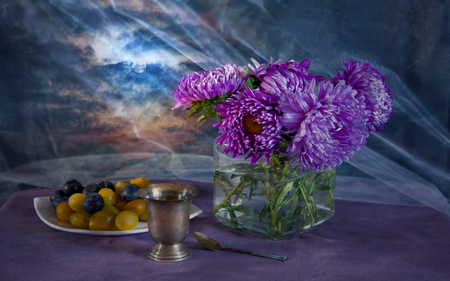 Still Life - pretty, romantic, romance, night, flowers, purple, fruits, sky, clouds, vase, moon, purple flowers, beautiful, photography, beauty, colors, lovely, still life, moonlight, colorful, nature