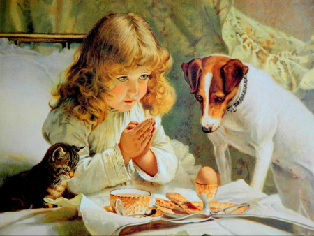 Giving thanks - bed, prayer, kitten, breakfast, thanks, girl, dog, friends