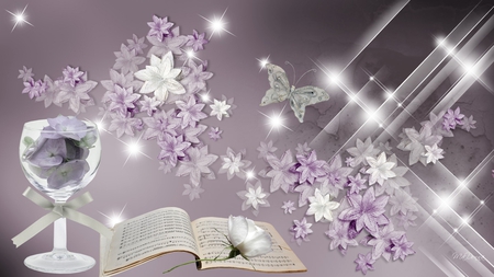 Lavender Music - blossoms, goblet, lavender, summer, book, sparkles, blass, stars, music, butterfly, rose, shine