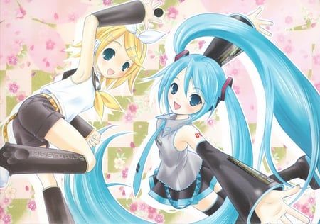 rin and miku! - flowers, rin, vocaloid, sakura, miku, kagamine, hatsune