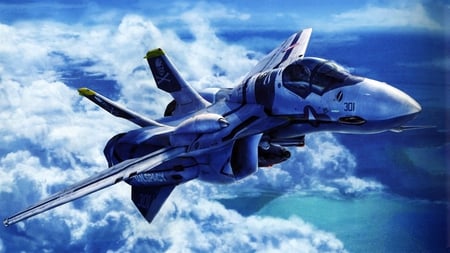 fighter plane - blue sky, clouds, sea, pilot