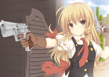 Police girl - brown eyes, gun, dress, headband, blonde hair, weapon, long hair