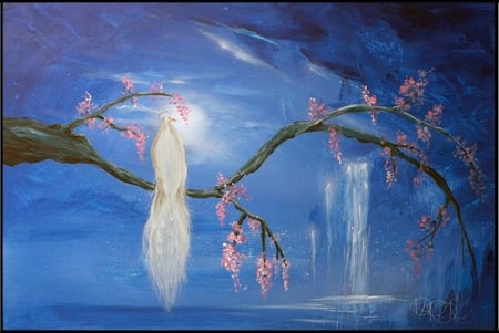 CHEERY BLOSSOM TREE - white, painting, peacock, blossom, cheey