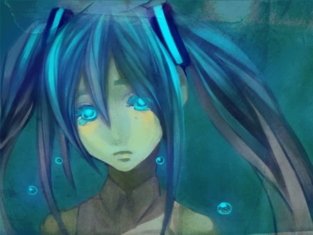 Hatsune Miku - tears, aqua, headset, music, anime girl, underwater, white, art, cool, aqua eyes, artistic, hatsune miku, song, vocaloids, program, vocaloid, beautiful, diva, nice, twintail, singer, aqua hair, bubbles, black, virtual, painting, pretty, idol, anime, miku, cute, girl, crying, cg, hatsune, microphone, headphones, blue, digital, awesome