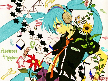 Abstract Thinker - tie, anime, anime girl, vocaloid, hatsune miku, cool, kawai, giel, headphones, cute