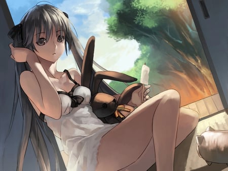 yosuga no sora - brown eyes, dress, black hair, long hair, peluch