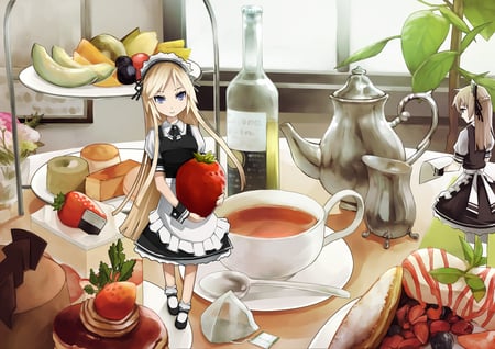 tuohou - yelow hair, chibi, blue eyes, long hair, maid, fruts