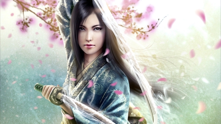 Dance with the swords - girl, swords, beautiful, tree, flower