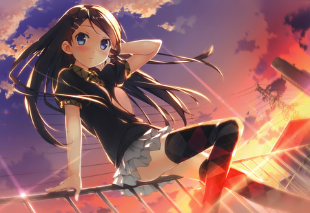 Anime - anime, skirt, blue, orange, long hair, uniform, railing, wind, sunset, purple, daytime, brunette, sky