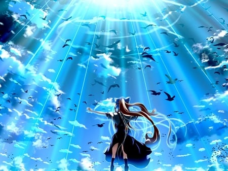 world is mine - girl, air, llong hair, light, anime girl, wind, bird, sky blue, clouds, birds, dress