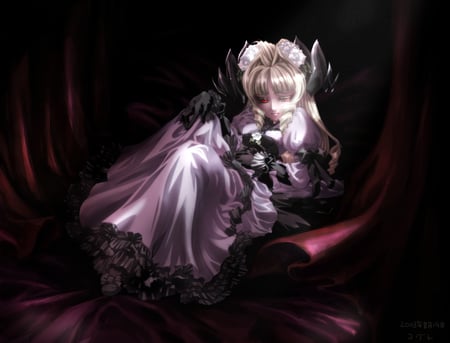 Dark Gothic Girl - sexy, hot, headdress, female, rose hair, goth, anime girl, gothic, gloves, dark gothic girl, alone, cool, dark, ribbon, cute, dress